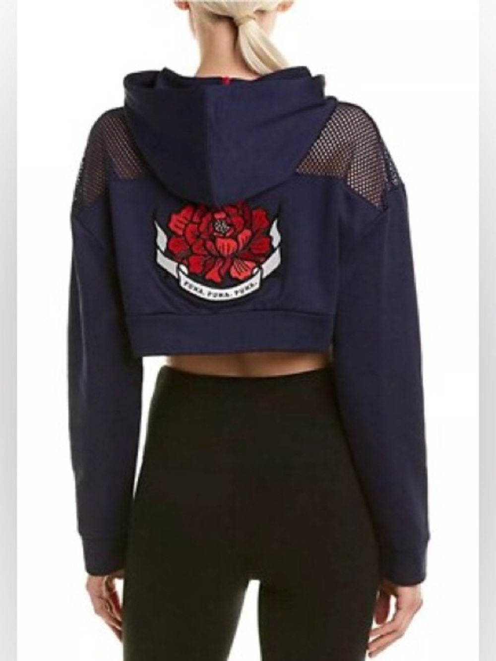 PUMA Flourish Crop Hoodie 🌺 Navy with Red Flower Embroidery XL